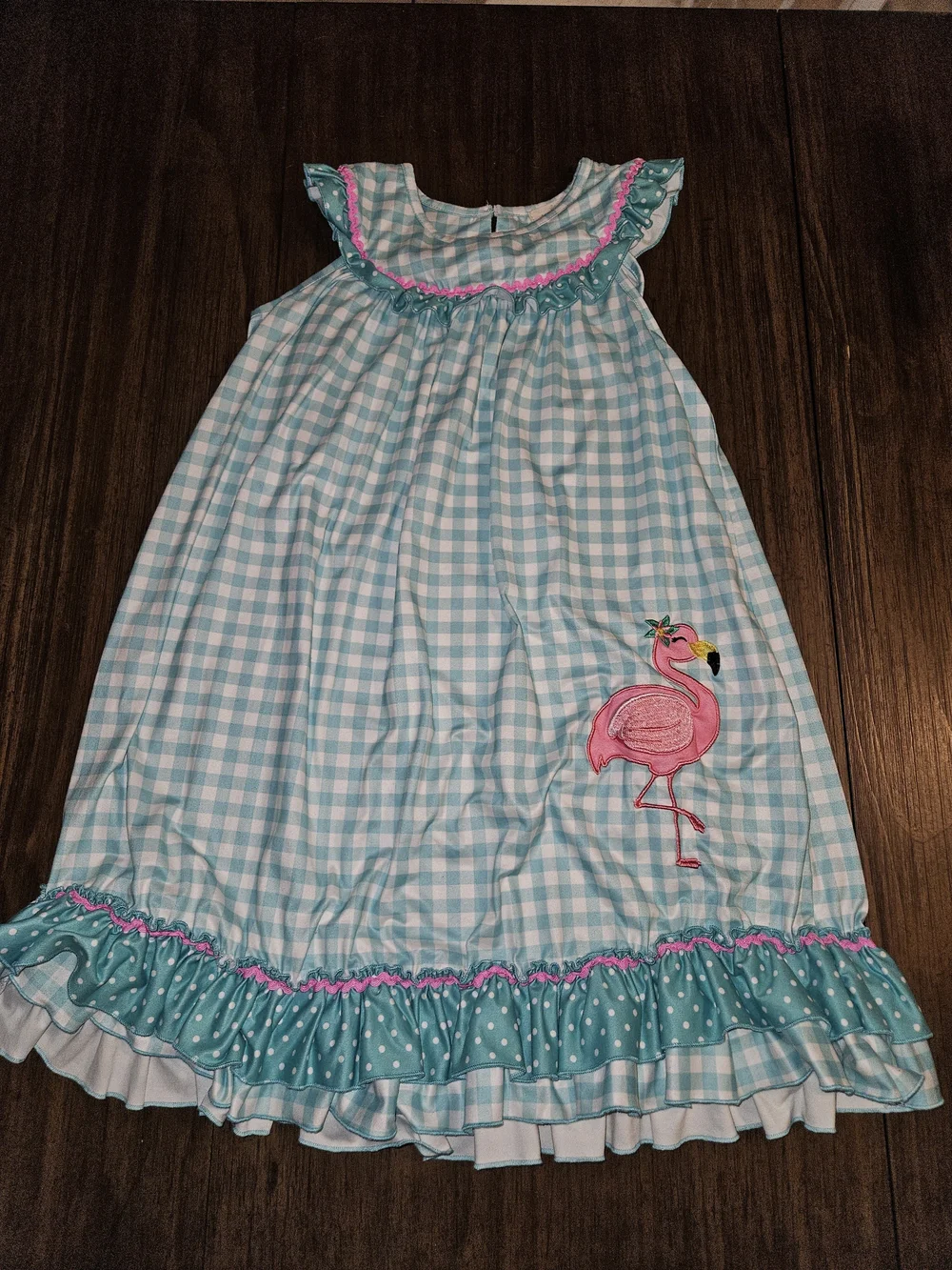 Girls' Teal Gingham Flamingo Nightgown with Pink Trim